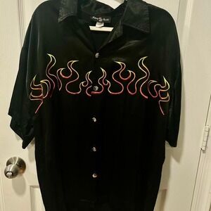 Johnny Suede Men's 2XL Black Flames Embroidered Button Up Vintage Dice Buttons